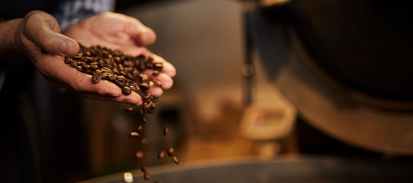 eine Handvoll aromatischer frisch gerösteter Espressobohnen von delmocca